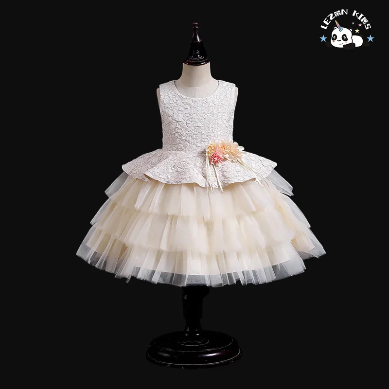 LEZONKIDS - Custom Logo Luxury Princess Girls Party Dress Woolen Cotton Tutu Ruffles Formal Style for Birthday or Party